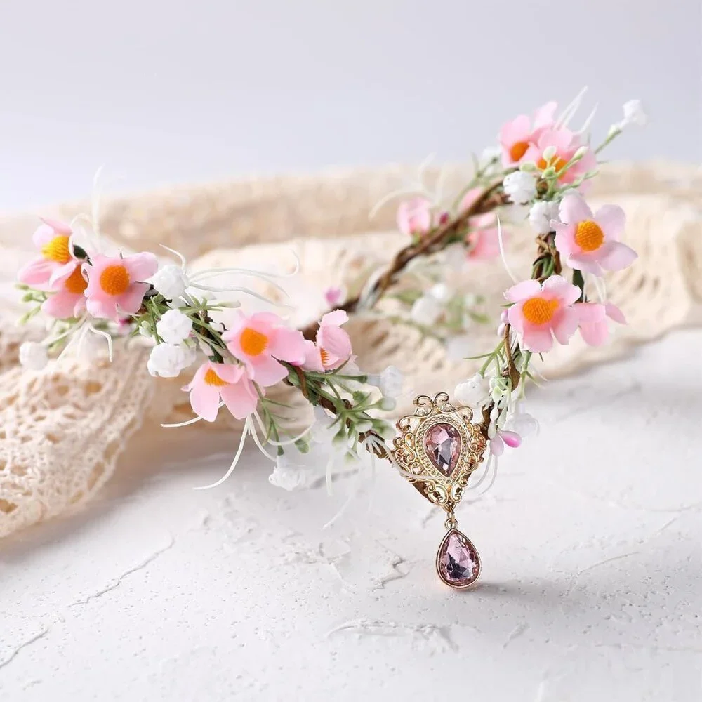 Pink Flower Elf Crown Handmade Woodland Fairy Headpiece for Women Girls